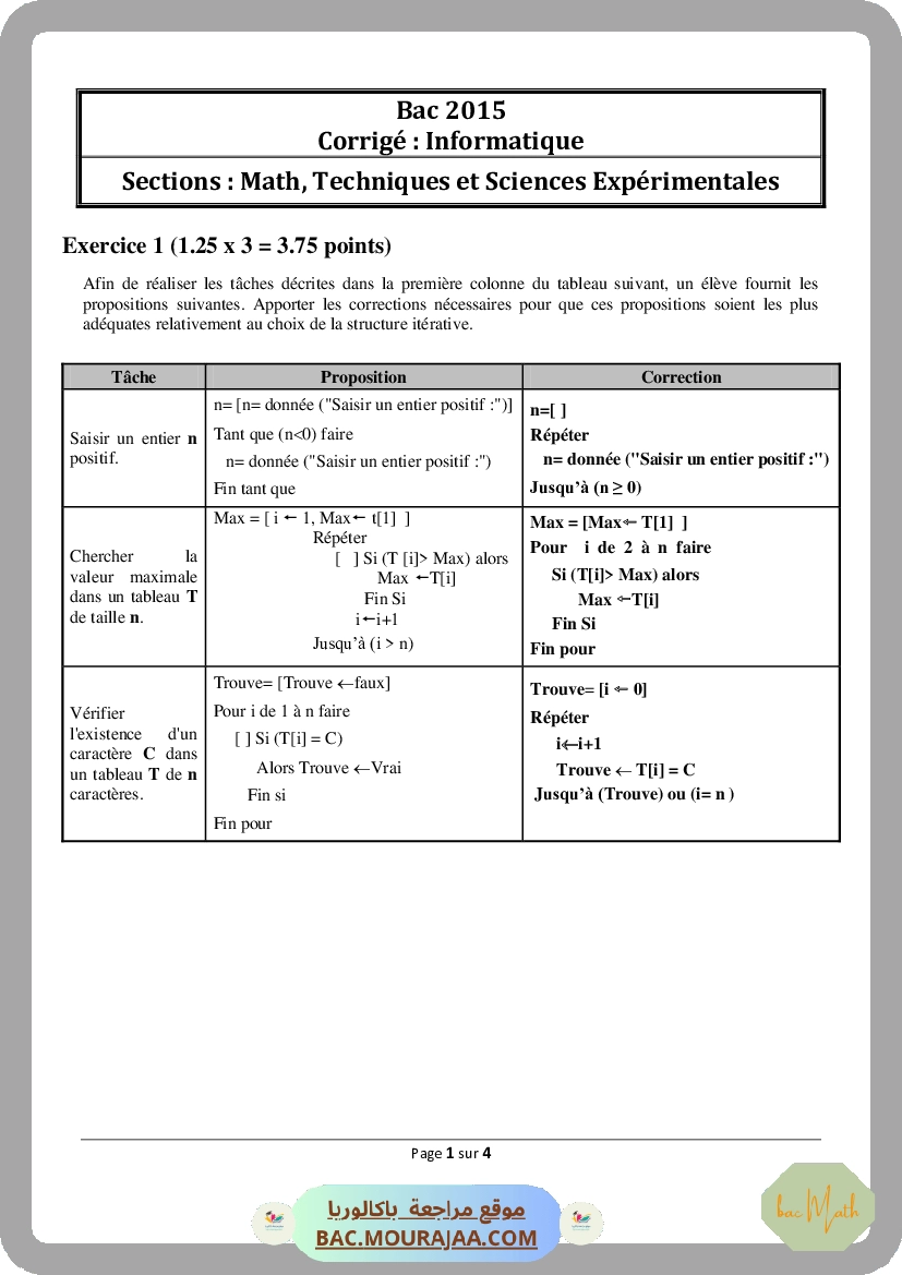 Corrigé principale info Bac 2015 – Section math